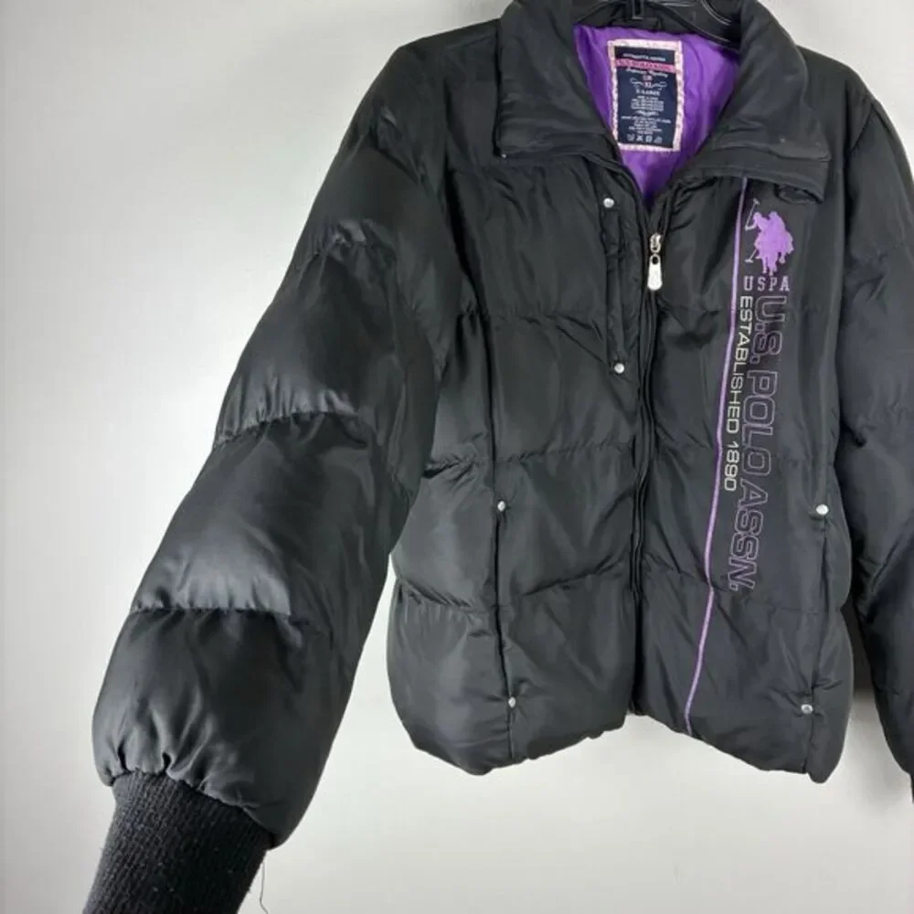 U.S. Polo‎ Assn Girls Puffer Coat Jacket Black Purple Quilted XL /16